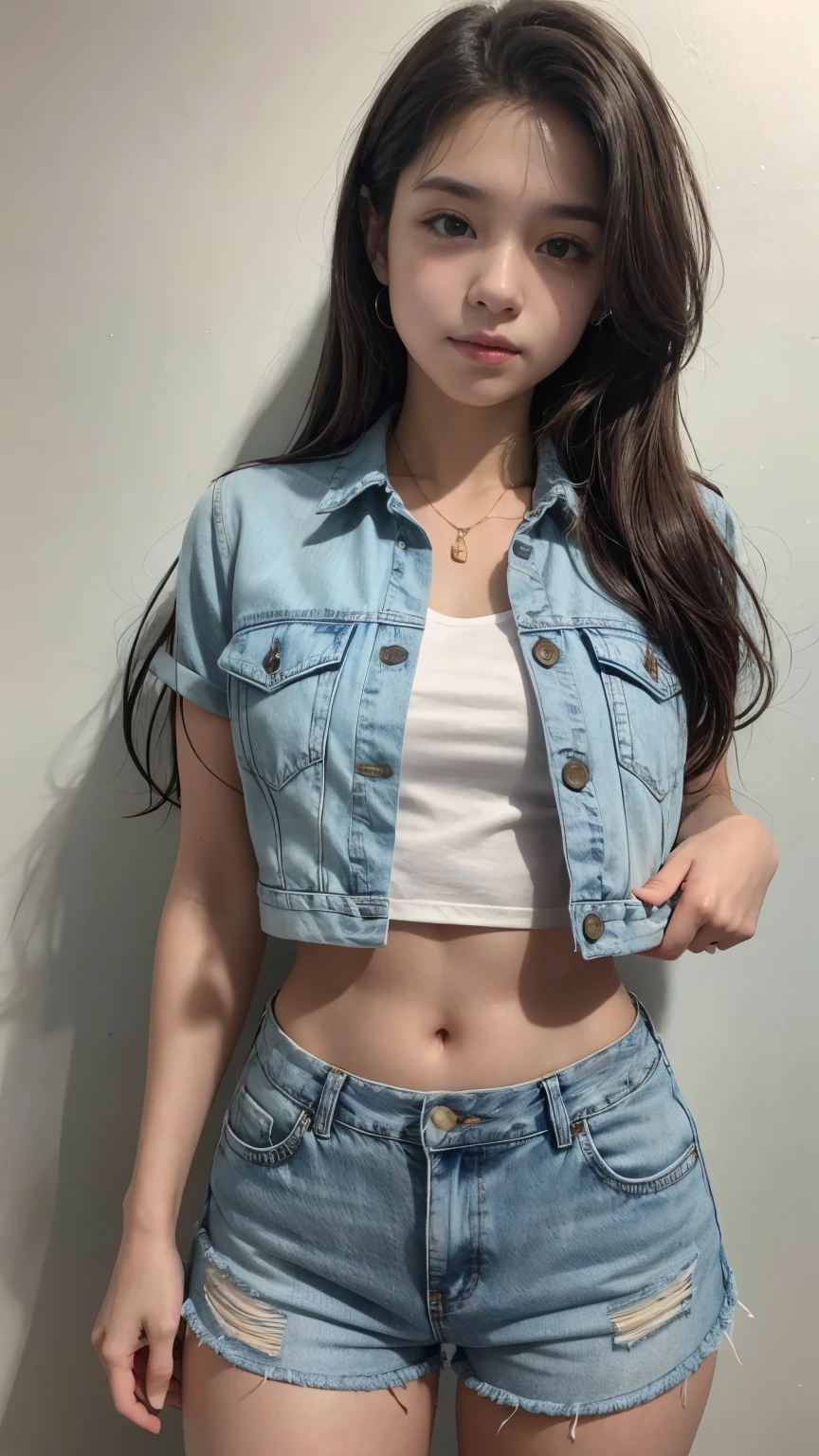 A cute  sexy ager wearing denim and cropped shorts 