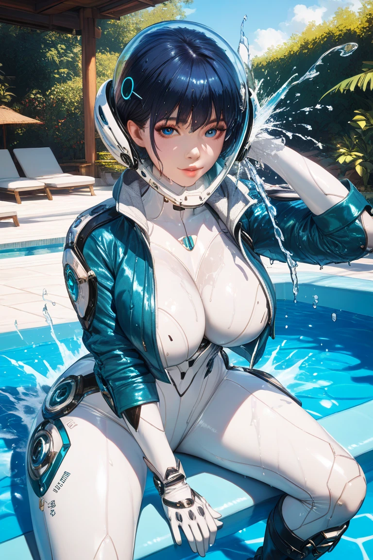 anime style, Close up, Front viewer, a hyper-realistic and ultra-detailed photo of a beautiful girl, ultra-realistic, 1 girl,  looking at the viewer , white bodysuit,
blue jacket, helmet, Upper body, Perfect Eyes, perfect big breasts, full body:1.5, boots, sitting at a rock pool, wet, splashes of water