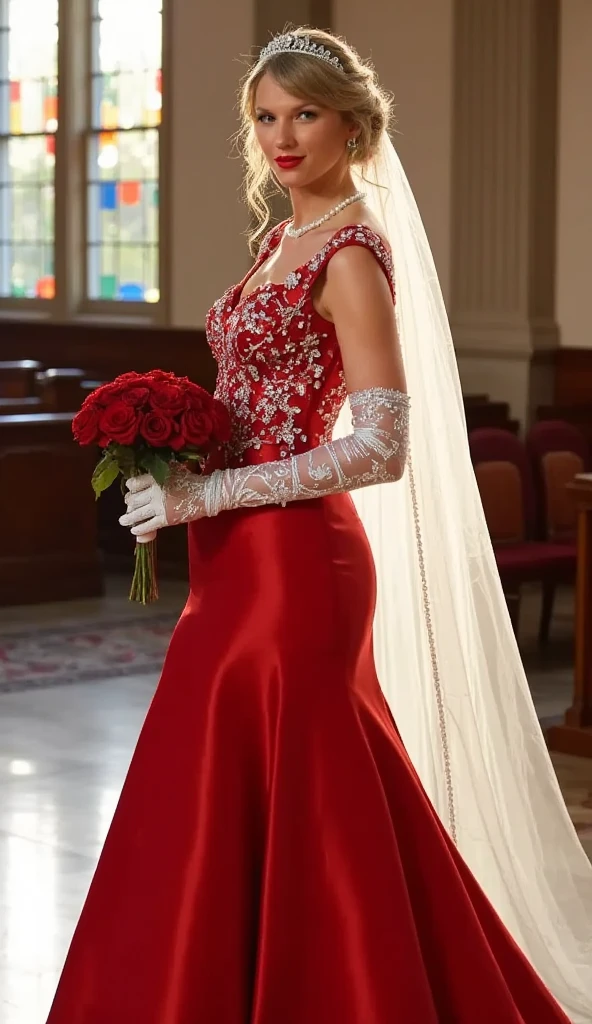 Side view, full body, standing pose, hold red rose flower bouquet, on church floor, American woman, Taylor Swift, 30-age , looking at viewer, American fashion model ,(middle blonde hair, detail face, cute face, beautiful eyes, Small lips, big smile, pearl earring , pearl neck less, tiara), (big breasts, middle hip, slender body),(red  Wedding long dress with embroidery, and white see-through veil, white lace long glove, white stocking,  white hi-heal), (masterpiece, Best Quality, high resolution on down, Realistic, sharp, RAW photos from the last century, wallpaper, perfection, Professional Lighting, very detailed)