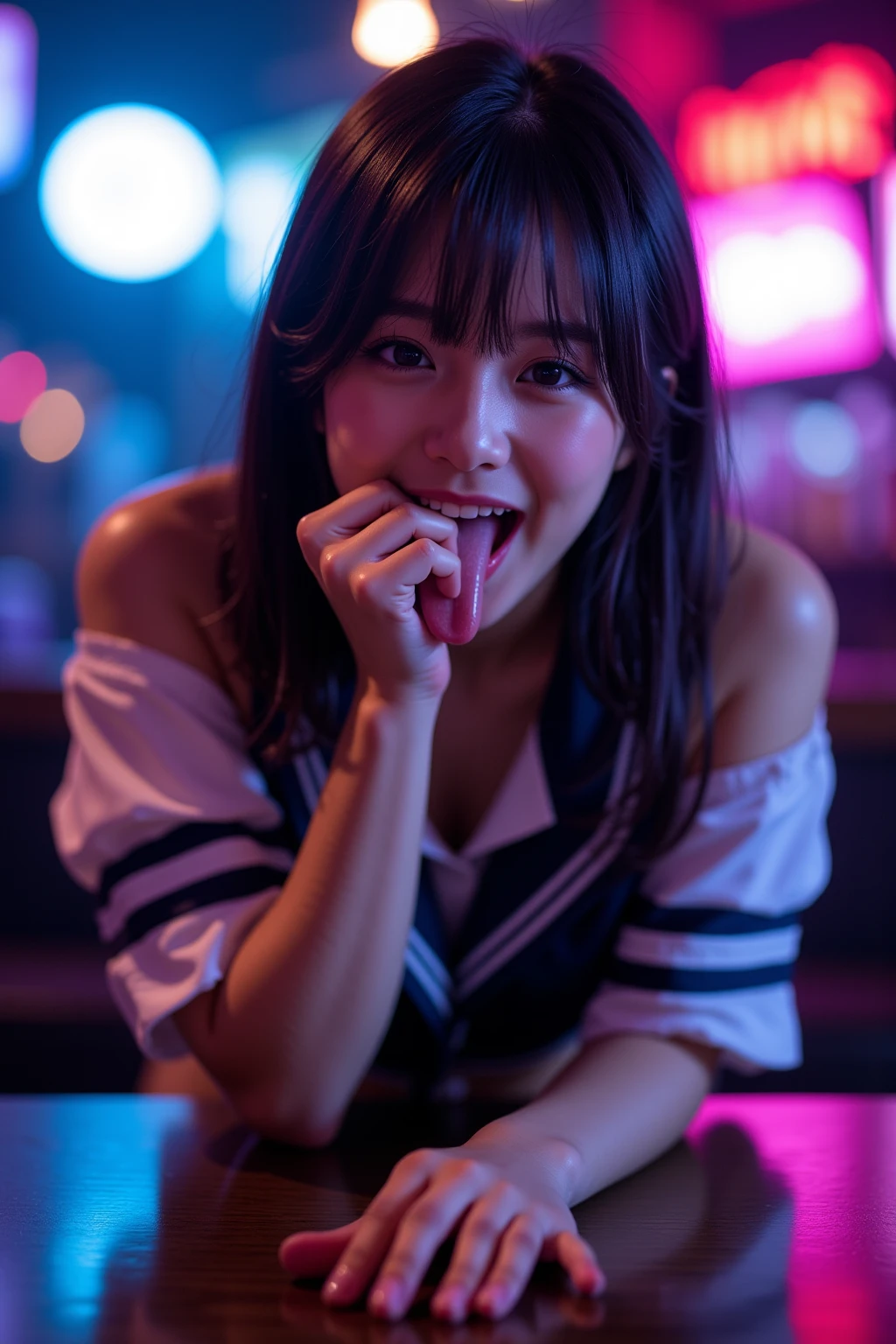 Inside Nightclub, (Raw photo: 1.2), of the highest quality, Beautiful detailed girl,  japanese,18years old,BREAK,(open mouth ,stick out tongue ,fellatio gesture:1.5),,BREAK,(Squint your eyes
,chuckle,erotick eyes,seductive eyes,long tongue,front lighting,:1.3),not too long tongue,BREAK,,(Lightly squeezed hand in front of mouth:1.5), very thin body,High resolution,allfours,8K Wallpaper,Highly detailed eyes and face, Beautiful detailed eyes, Fine detail, Highly detailed ticker uniform 8K wallpaper, Light on Face, Sexy Pose, (Photorealism: 1.4),bright place, From below, Super Detail, masterpiece,  On all fours,looking up,spot lighting,e,front lighting,,not open eyes large,Luminous and colorful lighting setup for model photography,lens flare,, cinematic lighting, ray tracing,(not bad anatomy:1.3)