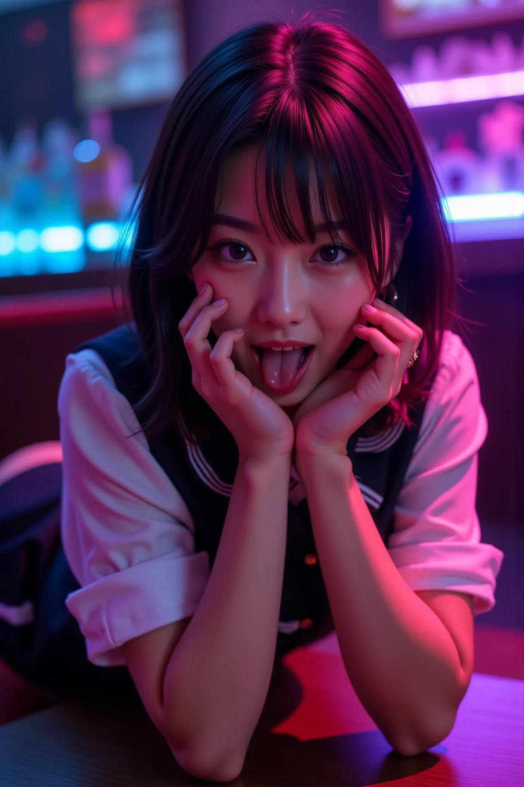 Inside Nightclub, (Raw photo: 1.2), of the highest quality, Beautiful detailed girl,  japanese,18years old,BREAK,(open mouth ,stick out tongue ,fellatio gesture:1.5),,BREAK,(Squint your eyes
,chuckle,erotick eyes,seductive eyes,long tongue,front lighting,:1.3),not too long tongue,BREAK,,(Lightly squeezed hand in front of mouth:1.5), very thin body,High resolution,allfours,8K Wallpaper,Highly detailed eyes and face, Beautiful detailed eyes, Fine detail, Highly detailed ticker uniform 8K wallpaper, Light on Face, Sexy Pose, (Photorealism: 1.4),bright place, From below, Super Detail, masterpiece,  On all fours,looking up,spot lighting,e,front lighting,,not open eyes large,Luminous and colorful lighting setup for model photography,lens flare,, cinematic lighting, ray tracing,(not bad anatomy:1.3)