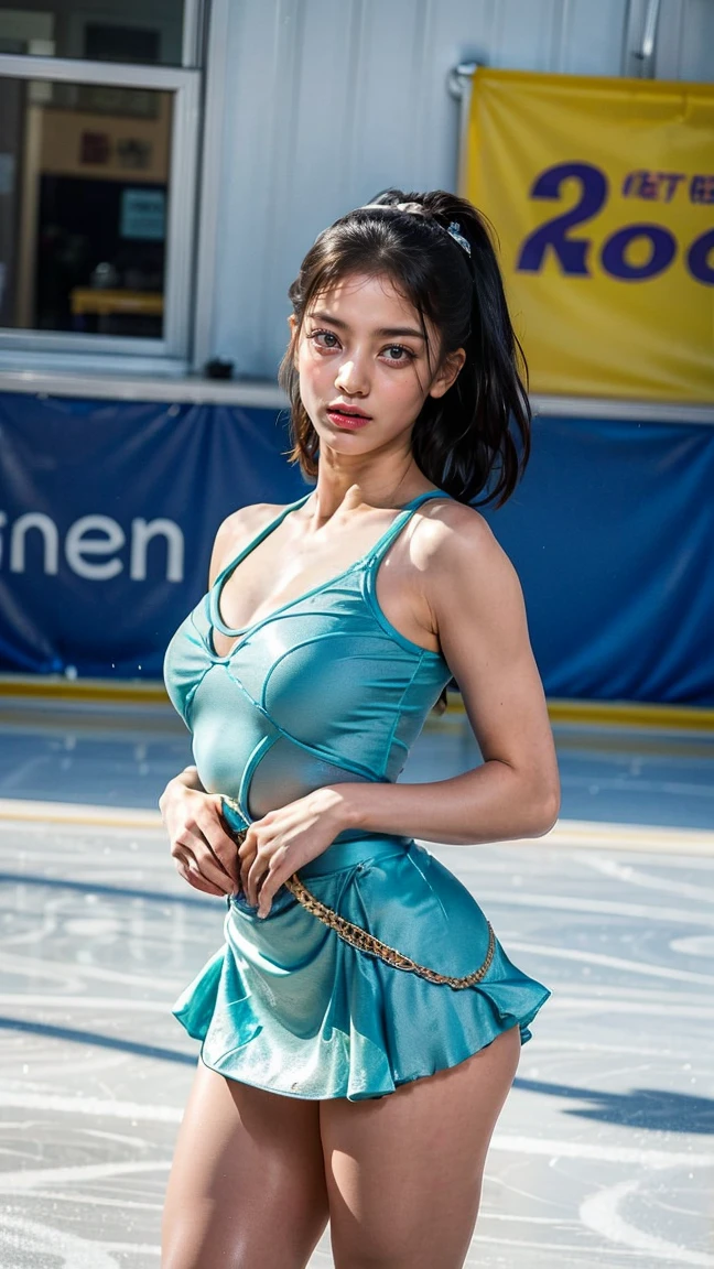 (8k, best quality:1.3), (extremely detailed:1.2), perfect anatomy, beautiful Japanese woman, 18 years old, healthy thighs, beautiful legs, beautiful skin, random hair color, random hairstyle, large breasts, (she is standing:1.2), female figure skater, figure skating outfit, (miniskirt:1.3), full body shot, skate shoes, skating rink, jihyotwicelora