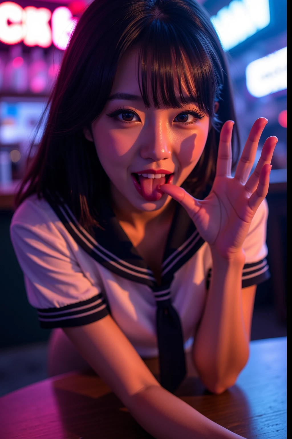 Inside Nightclub, (Raw photo: 1.2), of the highest quality, Beautiful detailed girl,  japanese,18years old,BREAK,(open mouth ,stick out tongue ,fellatio gesture:1.5),,BREAK,(Squint your eyes
,chuckle,erotick eyes,seductive eyes,long tongue,front lighting,:1.3),not too long tongue,BREAK,,(Lightly squeezed hand in front of mouth:1.5), very thin body,High resolution,allfours,8K Wallpaper,Highly detailed eyes and face, Beautiful detailed eyes, Fine detail, Highly detailed ticker uniform 8K wallpaper, Light on Face, Sexy Pose, (Photorealism: 1.4),bright place, From below, Super Detail, masterpiece,  On all fours,looking up,spot lighting,e,front lighting,,not open eyes large,Luminous and colorful lighting setup for model photography,lens flare,, cinematic lighting, ray tracing,(not bad anatomy:1.3)