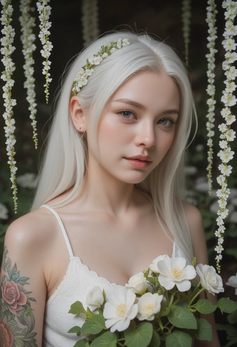a girl. face sent feeling. Europe. Oval face. long face. delicate facial features. sad eyes. seductively seductive. green eyes. platinum white hair. wreath on head. Sad and disappointed expression. big body. wear a simple dress. shy sitting posture. outdoor