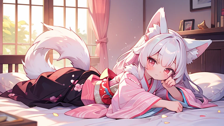 Anime girl with long white hair sitting on a mat，Clock in hand, very beautiful anime cat girl, Anime style 4k, Cherry blossom petals surround her, White cat girl, Beautiful cute anime girl, Beautiful anime catwoman, Cute anime girl, anime art wallpaper 8 k, Beautiful anime girl, Anime Art Wallpaper 4K, Anime Art Wallpaper 4K，Second Dimension，high quality，Background is Japanese style bedroom，There are several small trees，White and tender skin，High Detail，Elegant Ninja Girl，Cat ear，White hair，White tabi socks，A katana with a cherry blossom logo handle is worn on the waist，Pink pupils，White bandage leggings，Red and white cherry blossom themed ninja costume，Cold expression，Floral Decoration，M shaped sitting position，Normal human proportions，（Solitary），（Perfect face 1.1）