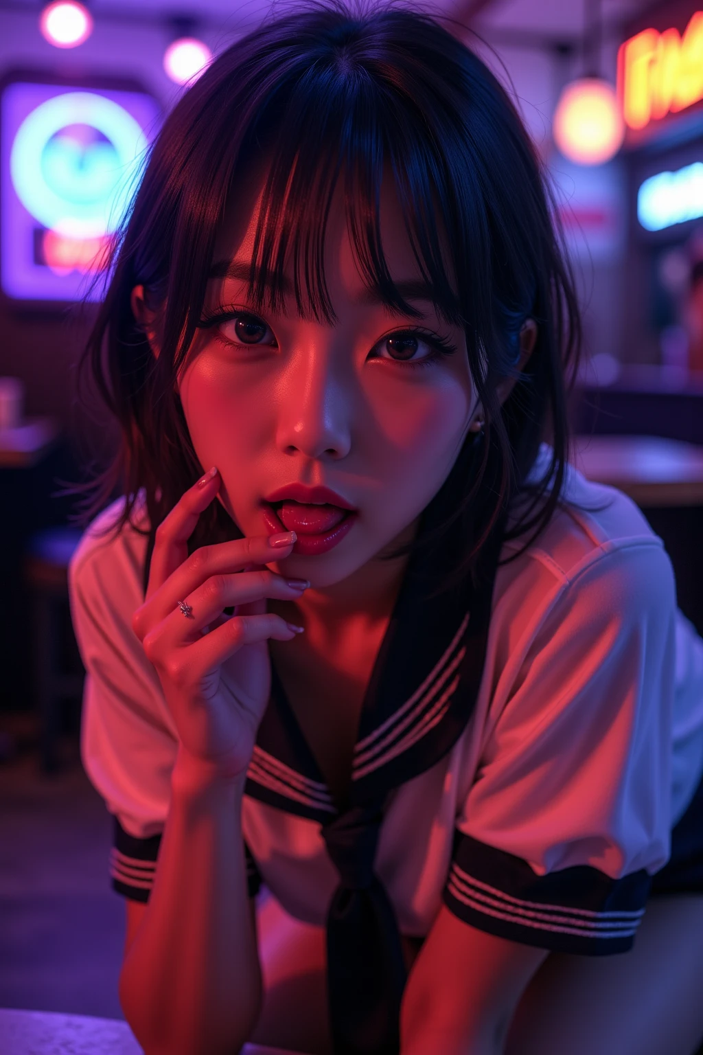 Inside Nightclub, (Raw photo: 1.2), of the highest quality, Beautiful detailed girl,  japanese,18years old,BREAK,(open mouth ,stick out tongue ,fellatio gesture:1.5),,BREAK,(Squint your eyes
,chuckle,erotick eyes,seductive eyes,long tongue,front lighting,:1.3),not too long tongue,BREAK,,(Lightly squeezed hand in front of mouth:1.5), very thin body,High resolution,allfours,8K Wallpaper,Highly detailed eyes and face, Beautiful detailed eyes, Fine detail, Highly detailed ticker uniform 8K wallpaper, Light on Face, Sexy Pose, (Photorealism: 1.4),bright place, From below, Super Detail, masterpiece,  On all fours,looking up,spot lighting,e,front lighting,,not open eyes large,Luminous and colorful lighting setup for model photography,lens flare,, cinematic lighting, ray tracing,(not bad anatomy:1.3)