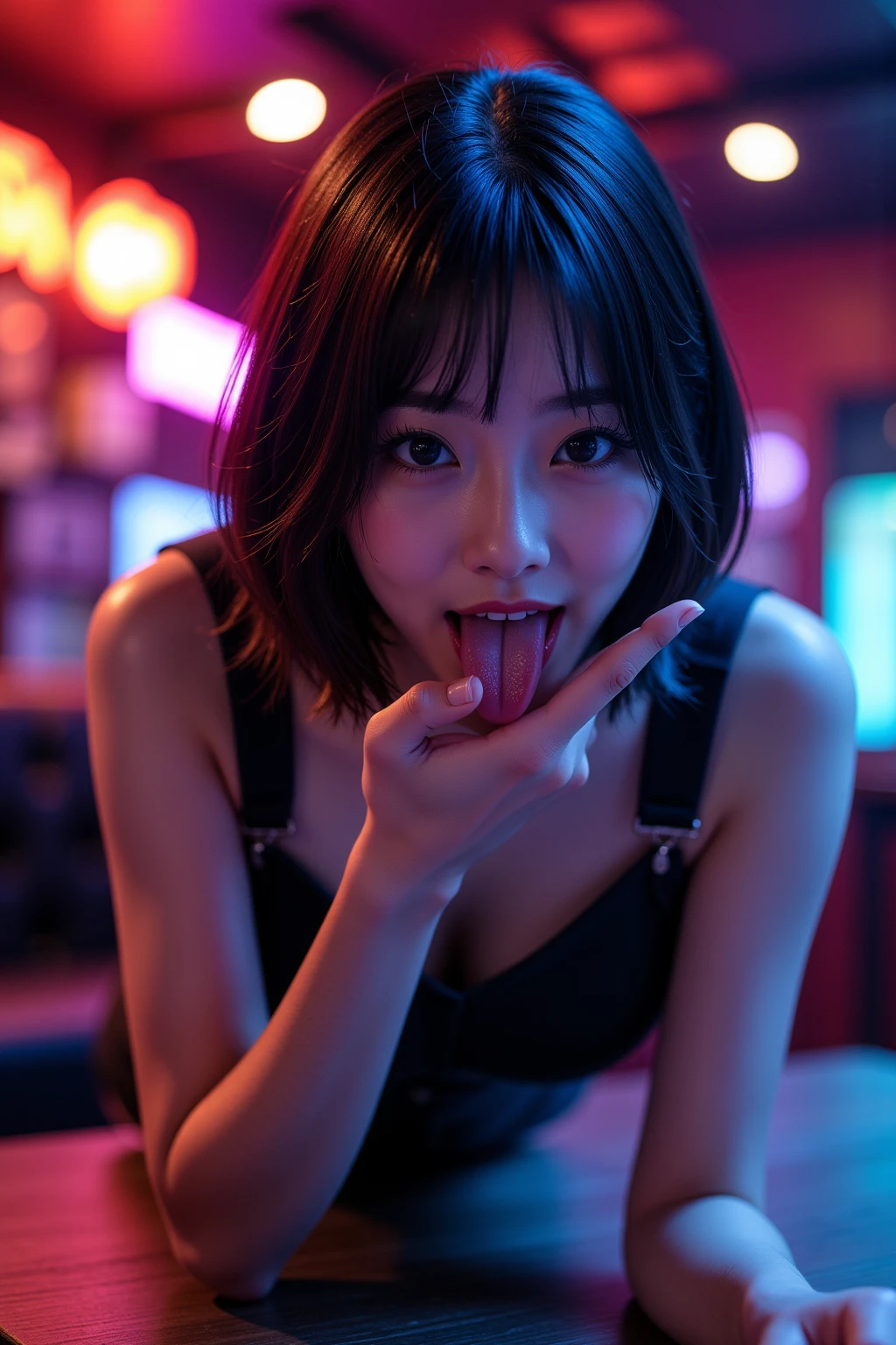 Inside Nightclub, (Raw photo: 1.2), of the highest quality, Beautiful detailed girl,  japanese,18years old,BREAK,(open mouth ,stick out tongue ,fellatio gesture:1.5),,BREAK,(Squint your eyes
,chuckle,erotick eyes,seductive eyes,long tongue,front lighting,:1.3),not too long tongue,BREAK,,(Lightly squeezed hand in front of mouth:1.5), very thin body,High resolution,allfours,8K Wallpaper,Highly detailed eyes and face, Beautiful detailed eyes, Fine detail, Highly detailed ticker uniform 8K wallpaper, Light on Face, Sexy Pose, (Photorealism: 1.4),bright place, From below, Super Detail, masterpiece,  On all fours,looking up,spot lighting,e,front lighting,,not open eyes large,Luminous and colorful lighting setup for model photography,lens flare,, cinematic lighting, ray tracing,(not bad anatomy:1.3)