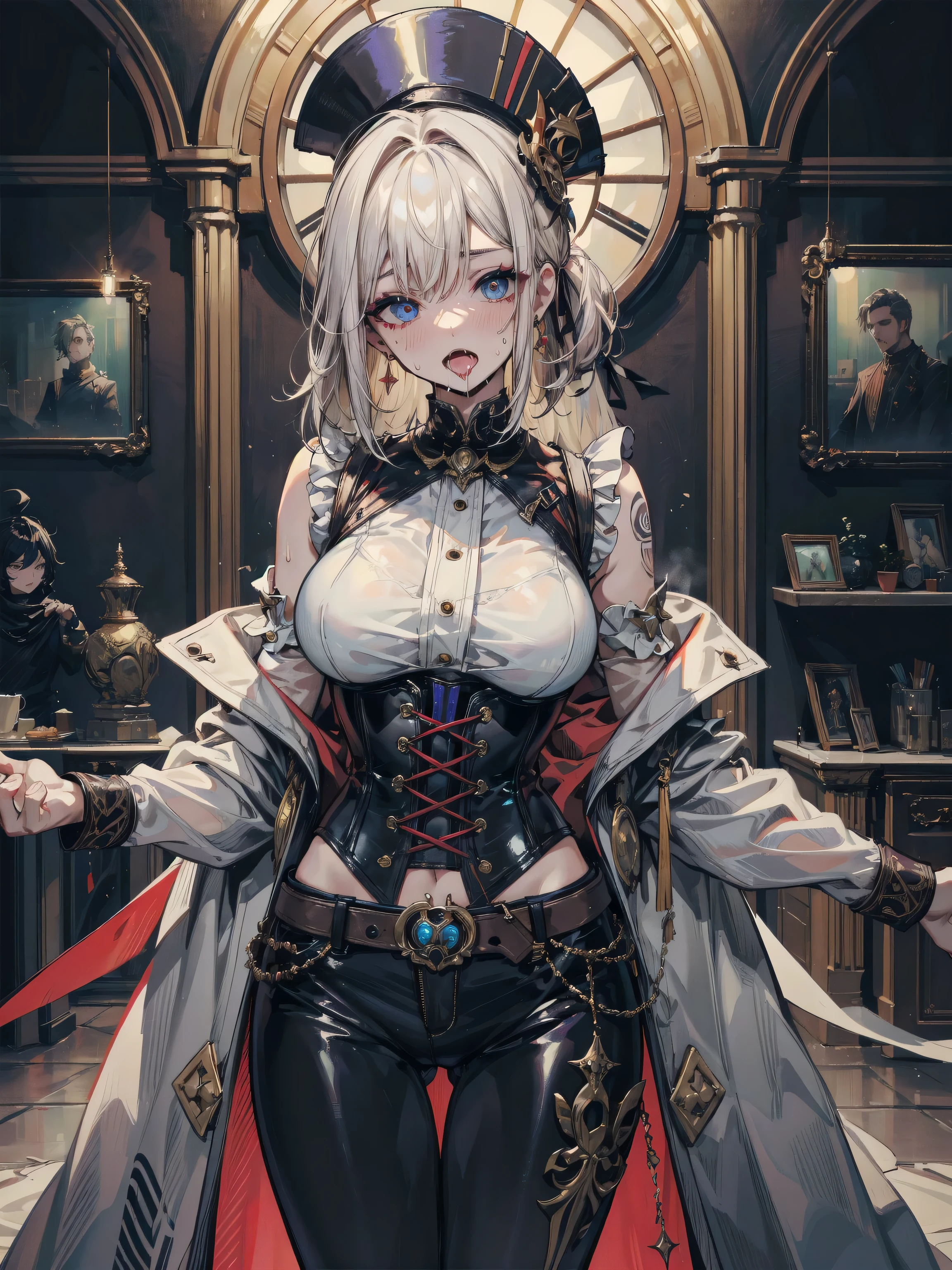 perfect eyes:1.2, detailed eyes:1.4, cape, red and beige, open mouth, vertical striped thighhighs, looking at viewer, realistic:1.4, makeup, lipstick, short hair, bob cut, elf ears, elf, pointy ears, smile, white hair, ChronomancyAI, steampunk_costume, cleavage, short dress, corset, hat, googgles, steampunk, clockwork, clock, 1girl, solo, (masterpiece:1.6, best quality),