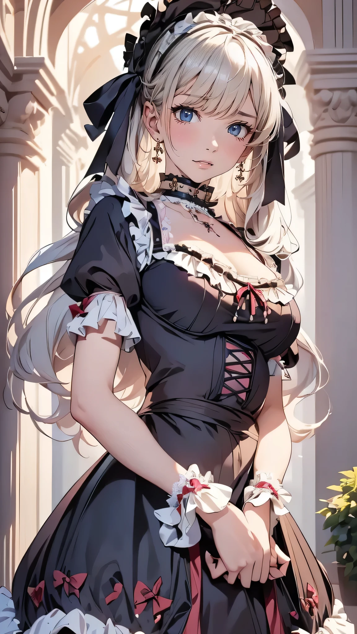 1 girl, ((beautiful girl in ta fashion: 1.4)), attractive face, elegant, gorgeous, (gothic loliresses, choker, earrings, rings, jewelry), luxurious, detailed beautiful face, (shiny hair, long hair), glowing eyes, (finely detailed beautiful eyes: 1.2), at a medieval european castle, (cowboy shot, from front, face focus), deep depth of field, stunning, fascinating, enchanting, cinematic lighting, cinematic composition, anime style, vibrant colors, thin lines, dreamlike, absurdres, highres, masterpiece, best quality, newest, very aesthetic, ultra quality, high detailed, anatomically correct, perfect hands, (anime art style),