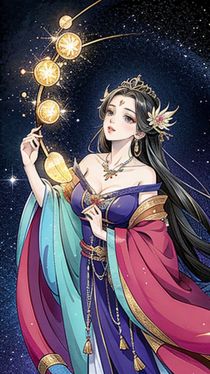 （Masterpiece， best quality ， High Resolution , Unity8k wallpaper,  Official Art), ( one beautiful girl ),  colorful ,  detailed illustration art ,  very detailed， big breasts in okunai, (Intertwined, Datura stramonium, Tangle), goddess,  white lace dress,  Silver Tiara ,  necklace,  earrings,  gold bracelet,   off shoulder ,   Look at Me and Laugh , Sacred Light,  like a painting , flash drawing， bright color, Perfect Magic,  Fantasy World , background, star雲, star,  Milky Way,  detailed digital art , 