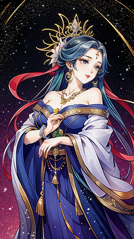 （Masterpiece， best quality ， High Resolution , Unity8k wallpaper,  Official Art), ( one beautiful girl ),  colorful ,  detailed illustration art ,  very detailed， big breasts in okunai, (Intertwined, Datura stramonium, Tangle), goddess,  white lace dress,  Silver Tiara ,  necklace,  earrings,  gold bracelet,   off shoulder ,   Look at Me and Laugh , Sacred Light,  like a painting , flash drawing， bright color, Perfect Magic,  Fantasy World , background, star雲, star,  Milky Way,  detailed digital art , 