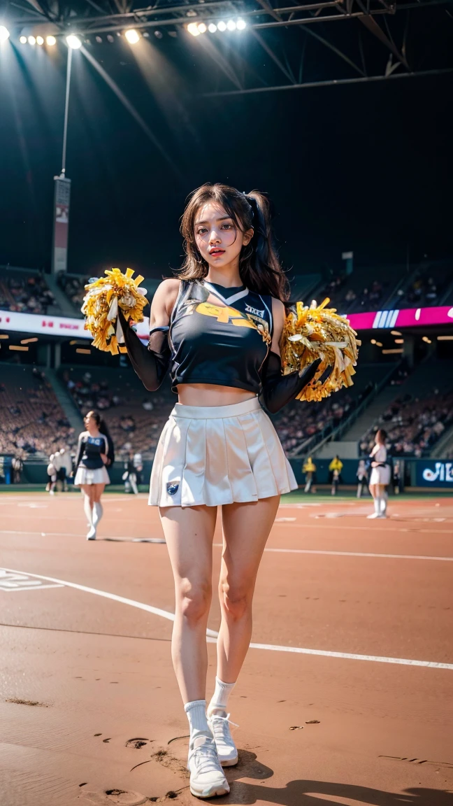 A beautiful young Japanese woman, 20 years old, with perfect anatomy, healthy thighs, beautiful feet, flawless skin, random hair color and style, large bust, (she is standing:1.2), wearing a cheerleader uniform with micro-pleated miniskirt, in a full body shot, standing in a stadium, (best quality,4k,8k, highres, masterpiece:1.3), (extremely detailed:1.2), jihyotwicelora