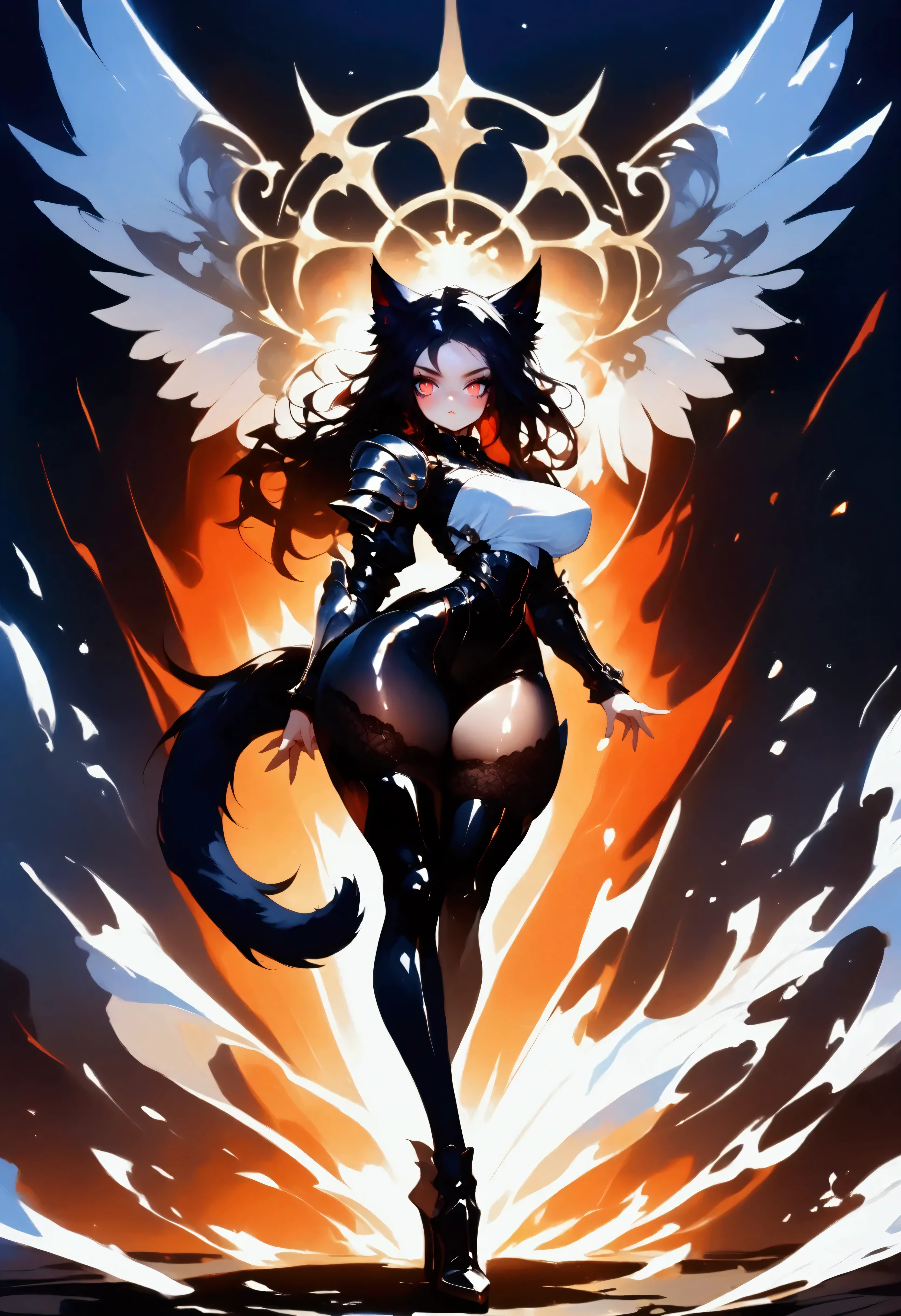 A petite cat girl with long black hair and intense fiery red eyes, clad in oversized shining full plate cover entire body plate armor with overlaying holy white cloth, underlayer of black lace tights, armored plate thigh high leggings, armored high heeled boots, armed for combat, cute, armor. long black furred cat tail, long legs, thick firm thighs, wide hips, athletic form, firm ass, full body in frame, wholebody, standing defiantly strong pose.