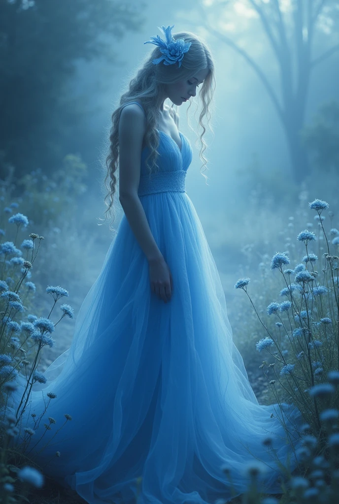 A serene figure in a flowing blue gown, dreamy blue flowers, bathed in soft light. A mystical atmosphere. bokeh, dof, intricate, beautiful Golden ratio Watercolour mysterious long exposure moody Wildflowers melancholy muted colours rules of third Visual Poetry Ethereal Bokeh fog and smoke unfiltered creativity unconventional color 