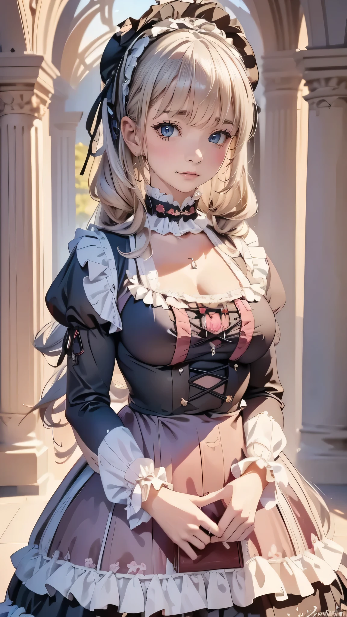 1 girl, ((beautiful girl in ta fashion: 1.4)), attractive face, elegant, gorgeous, (gothic loliresses, choker, earrings, rings, jewelry), luxurious, detailed beautiful face, (shiny hair, long hair), glowing eyes, (finely detailed beautiful eyes: 1.2), at a medieval european castle, (cowboy shot, from front, face focus), deep depth of field, stunning, fascinating, enchanting, cinematic lighting, cinematic composition, anime style, vibrant colors, thin lines, dreamlike, absurdres, highres, masterpiece, best quality, newest, very aesthetic, ultra quality, high detailed, anatomically correct, perfect hands, (anime art style),