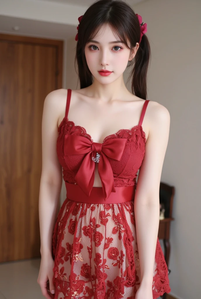 Focus on people。Create and express the best shining composition of the person in a realistic way。((masterpiece))、(((top-quality)))、((ultra-detailliert))、(A hyper-realistic)、(highly detailed CGillustration)、(extremely delicate and beautiful)、Girl a masterpiece、top-quality、Realistic skin feeling、Realistic fabric、We will introduce a realist illustration focusing on the center front of girls with realistic and ultra-detailed eyes.。This is the absolute rule, and the following sentence expresses the image quality。 The greatest painter in human history meets an unparalleled beauty、It is the greatest masterpiece in the history of the Inuiku Ichigo, which depicts the most beautiful figure of a lifetime.。 Create stunning anime artwork that is currently trending on seaStation、Introducing exquisite beauty and seductive aesthetics。Hair is tied up、Red pesant dress with detailed floral embroidery、NOWAI