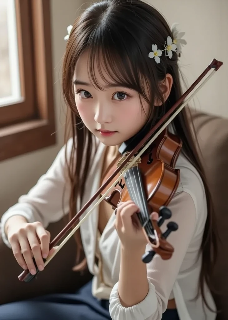 A girl is playing the violin wearing a black and white dress , realistis, ultra detail , 70mm lens