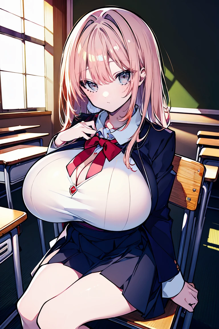 's greatest masterpiece、 best quality 、8k、 anatomically correct、The cutest beautiful girl in the world 、 clear detailed face、Japanese student uniform、((Big Breasts:1.5))、 bright sunlight 、Warm Light、 school classroom 、 Sit on a chair with your legs wide spread 、Picture of a giant heart on a blackboard、 Open Chest 、 deep cleavage