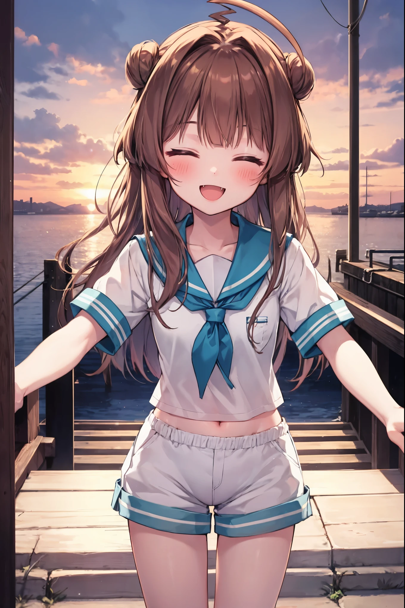 masterpiece, best quality, integrated scenery, integrated background, extremely delicate and beautiful, meticulous details, good composition, , cute face, perfect face, 1young__ girl, brown_hair, long_hair, sailor_uniform,white_ baggy_shorts, short_sleeve, thighs, small_breasts, big_smile, open_mouth, standing, harbor_background, slightly_spread_legs, happiness, covered_crotch,ahoge,XD,exciting,fang,closed_eyes,XD, (glimpse_of_navel:0.6)