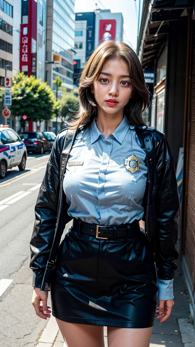 beautiful Japanese woman, 22 years old, perfect anatomy, healthy thighs, beautiful legs, beautiful skin, random hair color, random hairstyle, large breasts, female police officer, (Japanese police uniform:1.3), (miniskirt:1.3), (she is standing:1.2), full body shot, high heels, city street, (best quality, 4k, 8k, highres, masterpiece:1.3), (extremely detailed:1.2), jihyotwicelora