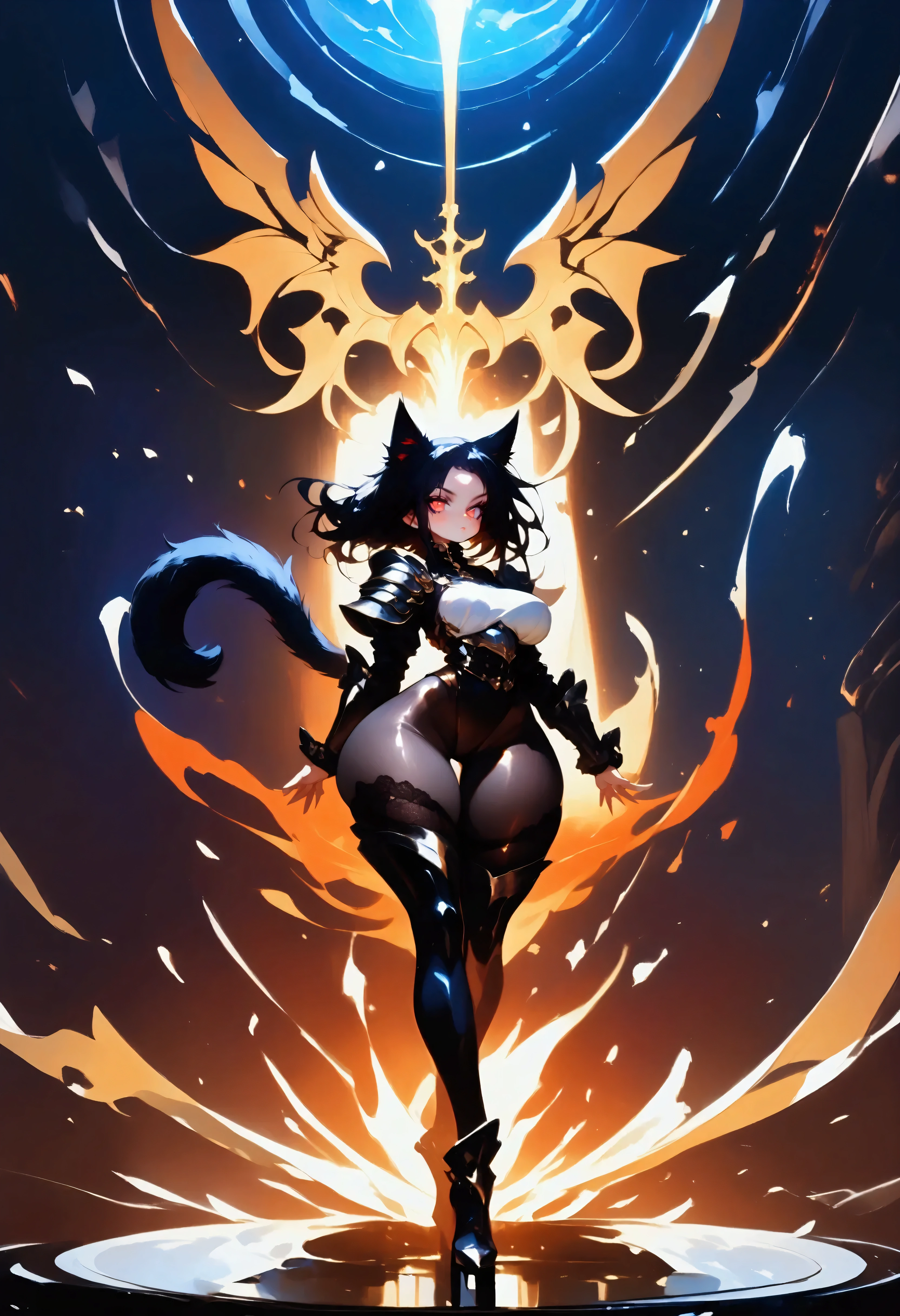 A ite cat girl with long black hair and intense fiery red eyes, clad in oversized shining full plate cover entire body plate armor with overlaying holy white cloth, underlayer of black lace tights, armored plate thigh high leggings, armored high heeled boots, armed for combat, cute, armor. long black furred cat tail, long legs, thick firm thighs, wide hips, athletic form, firm ass, full body in frame, wholebody, standing defiantly strong pose.