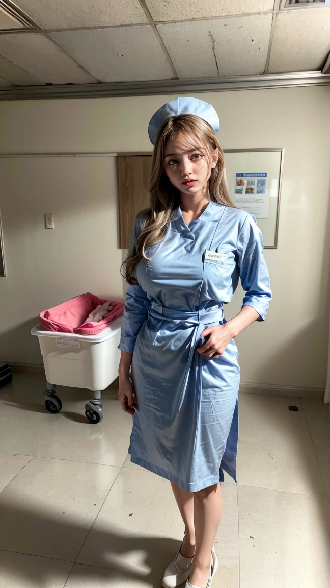 a beautiful young 24-year-old Japanese woman, beautiful, detailed anatomy, beautiful skin, random hair color and hairstyle, big breasts, nurse hat, (nurse uniform:1.3), nurse cap, (she is standing:1.2), full body shot, high heels, hospital, (best quality,8k, masterpiece:1.3), (extremely detailed:1.2), jihyotwicelora