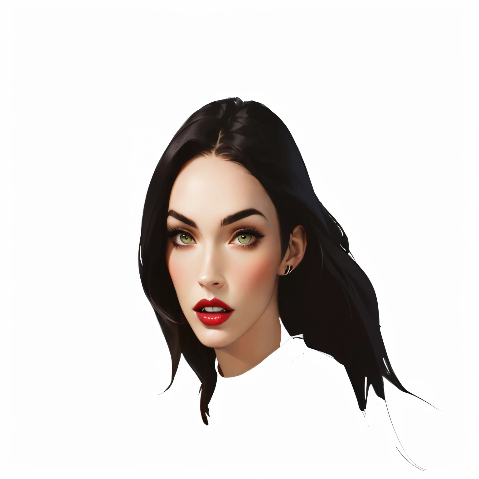 a close up of a woman with a red lipstick and a necklace, portrait of megan fox as demon, female vampire, beautiful female vampire, in style of digital illustration, woman vampire, vampire girl, portrait of beautiful vampire, carmilla vampire, megan fox portrait, vampire portrait, portrait of megan fox, lips of megan fox, in the art style of bowater