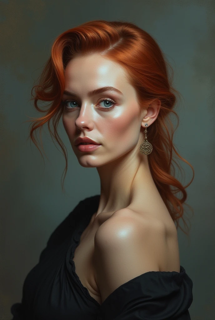 curtain; red hair 8.4 and chocolate brown roots; Brazilian, dark brown almond eyes; slender; chic; sensuous