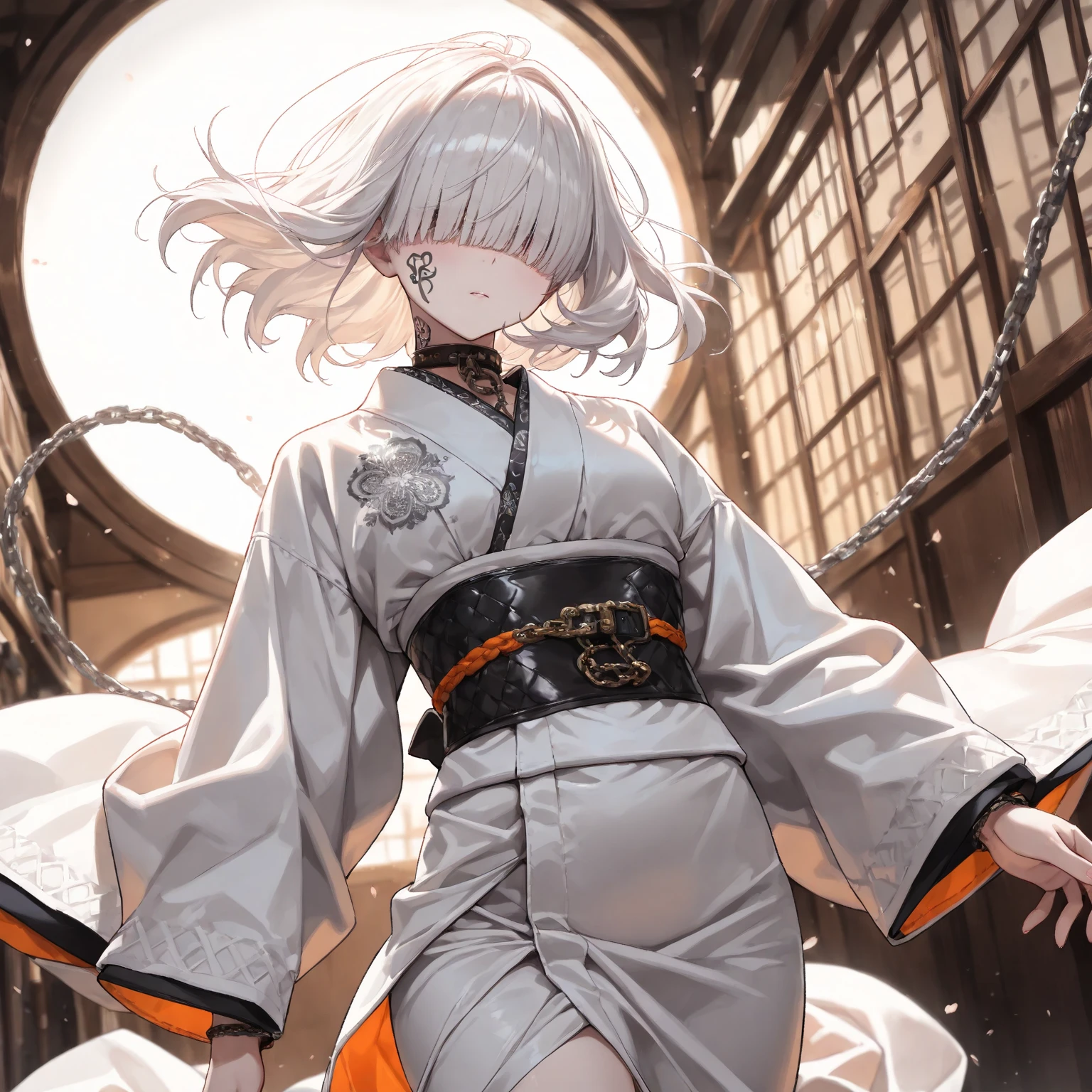 (( hair over eyes)), albino white hair, medium hair, blunt bangs, albino white skin, chain face tattoo, White kimono, cowboy shot, (best quality,4k,8k,highres,masterpiece:1.2),ultra-detailed,intricate details, high fashion, dramatic lighting, warm colors, chiaroscuro