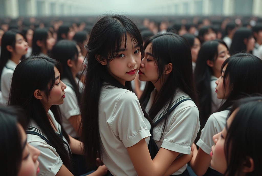 (Perfect Clone girls Raw Photography Art), (16K, Highest quality, Ultra-high resolution, Unrealistic, Unparalleled scale, A world of cloned girls multiplying, Ultra-realistic), (Japanese, woman, 26-year-old), (((((Small face, (((((Thick black hair, Semi-long hair)))))))))), ((Very beautiful detailed girls, Accurate body structure, Very detailed body, (((((Big Breasts, J-Cup))))), (((White shirt, I can see the cleavage, Black Mini Skirt))), ((Dark Eyes, Mature face, Cute Smile, A gentle gaze)), (((((Happy laughter))))), (((((Very detailed, 1girl-1,000,000cloning))))), (((100girls), (6+girls), multiple girls))), (((((Very detailed depiction of the other self, Perfectly the same girl, The exact same smile, Perfect same hair, Perfect same clothes, Exactly the same height, Perfect same J-cup))))), (((((clone girls only))))), ((10,000clone girls)), ((1,000,000clone girls)), ((1,000,000,000clone girls)), ((Clone girls only: Tokyo's crowded train, Standing posture, Intensive, Have fun and smile, Laughing, While talking, Hugs, Chest to Chest, Close in distance, Your face is very close., Body contact from front to back and sides, Super crowded, I want to have sex)), ((1,000,000,000,000,000,000clone girls)), ((1,000,000,000,000,000,000,000,000,000clone girls)), ((The sight of the ultimate super-crowded, 異常な超Intensive, 数えきれないclone girlsのSuper crowded)), (Bright and soft light, (((((Extremely detailed and clear ultra-telephoto depiction)))))), (((Subject depth extremely shallow)))