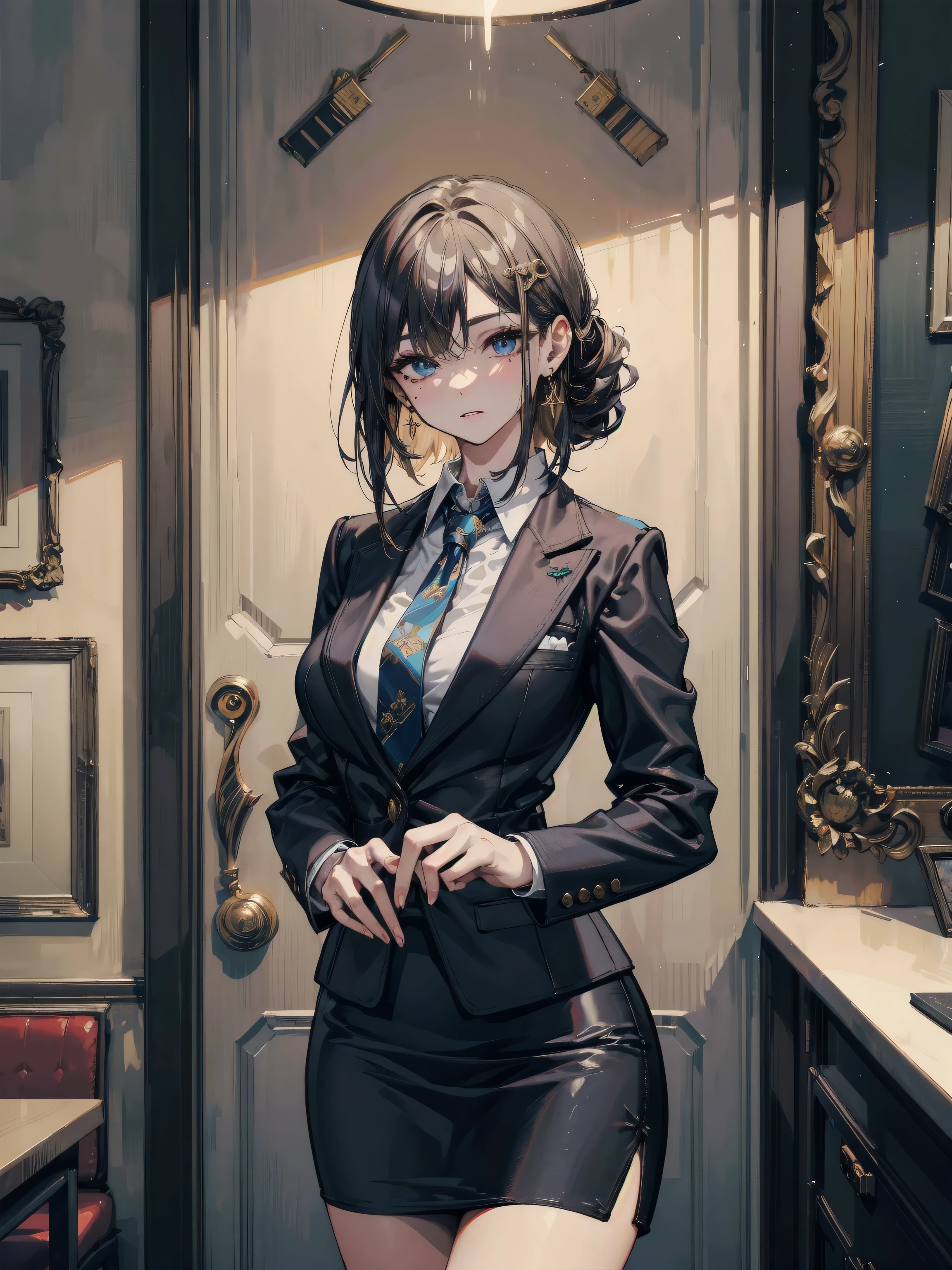 a woman in a suit, looking at viewer with sharp eyes, she holds the cigarette with one hand, beautiful, blue eyes and short, black hair, hair bangs on the forehead, front view