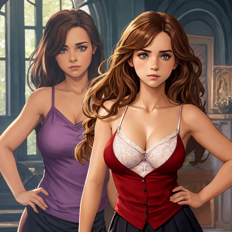 score_9 score_9,score_8_up,score_7_up Emma Watson, brown hair, (slender), b1mbofication, before and after, (transformation), sexy woman, sexy demon girl with red skin, sexy pose, seductive, flirting, sexy corset, sexy stockings, sexy demon horns