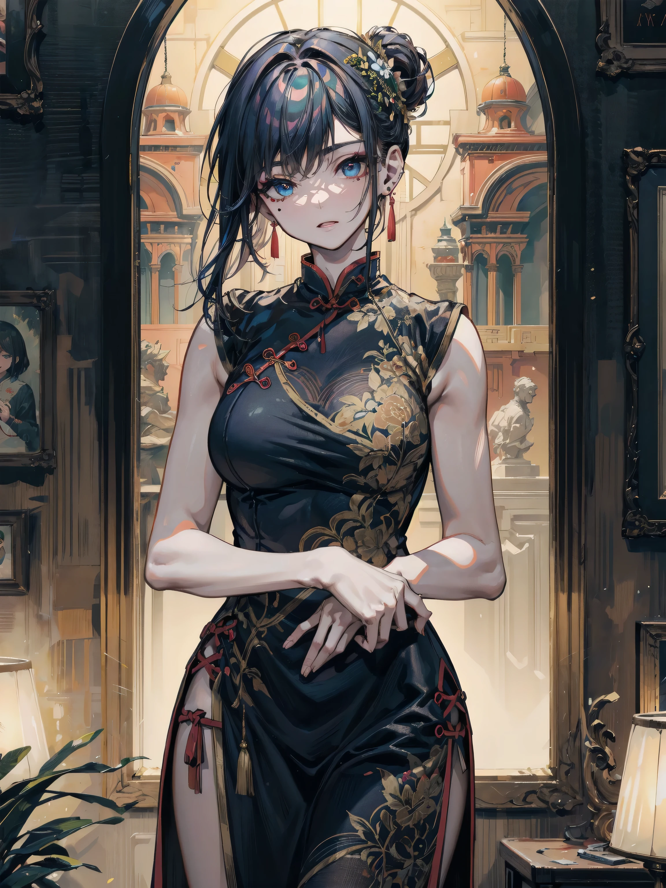 Anime girl in a black dress standing in a room with a window - SeaArt AI