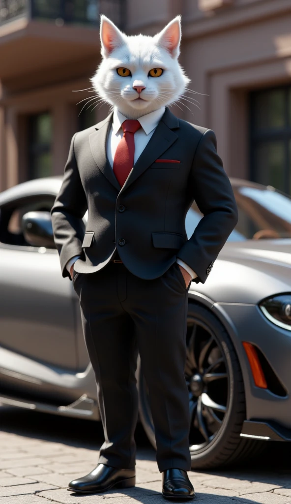 A tall anthropomorphic white cat with deep amber eyes, a broad jawline, and a confident demeanor, dressed in a tailored black suit with a red tie and polished shoes, rendered in 3D with muscular features and a sophisticated appearance." He is standing next to a super car