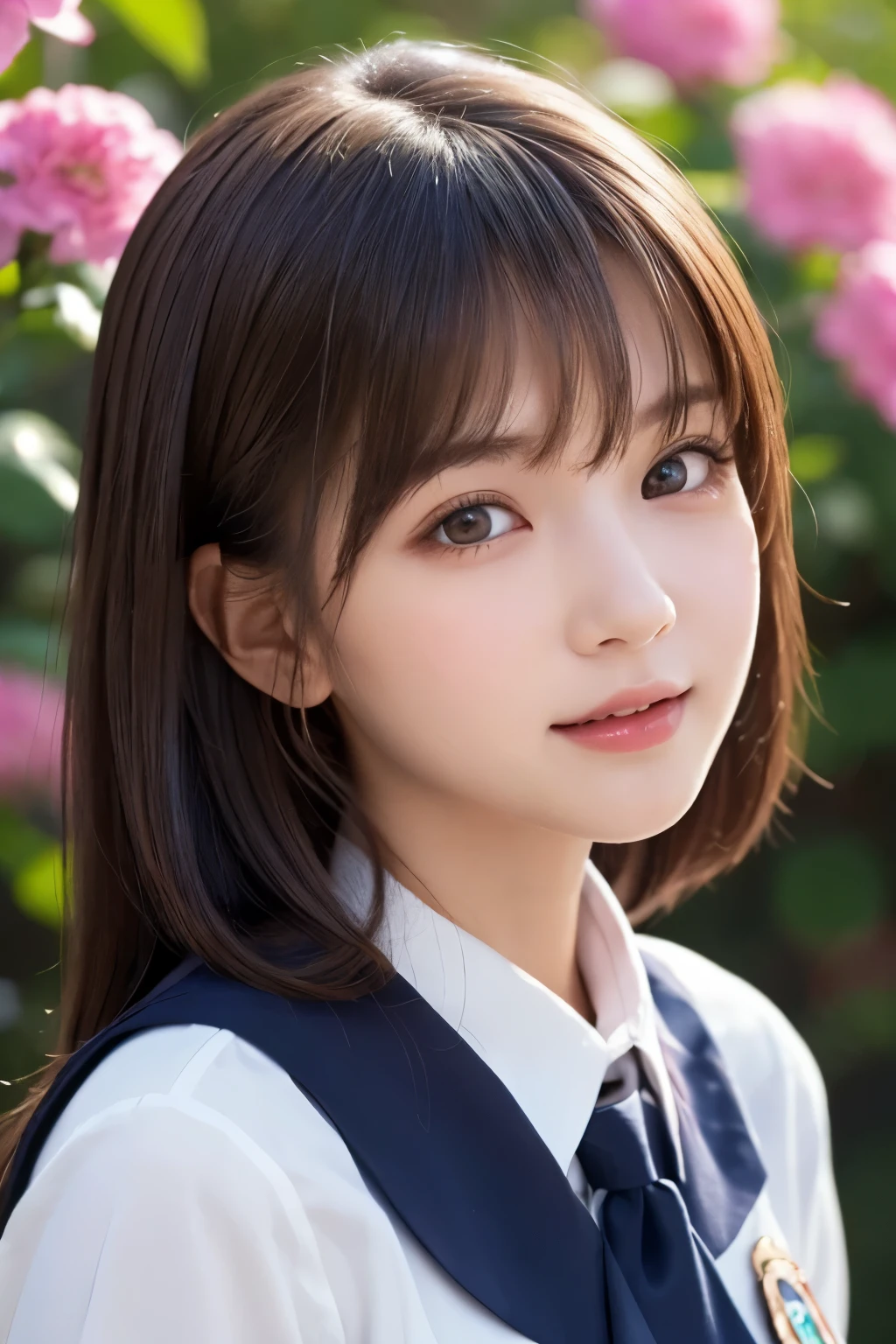 1girl, (a beauty girl, delicate girl, beautiful girl, innocent girl:1.3), (18yo:1.3),
break, (cute uniform:1.3), (cowboy shot, ruffle skirt),
break, (flower background),
break, very fine eyes, (symmetrical eyes:1.3),
break, (flat breasts:0.5), (round face, baby face), (brown eyes), parted bangs, (brown hair), angel smile, open mouth,
break, (eyes and faces with detailed:1.0), face focus,
break, (masterpiece, best quality, ultra detailed, detailed face, 8k)