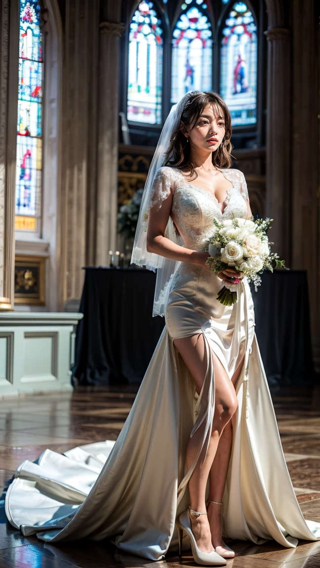 A beautiful young Japanese woman, 26 years old, with healthy thighs, beautiful legs, flawless skin, random hair color and style, large breasts, wearing a (wedding dress:1.3), (she is standing:1.2), full body shot, high heels, holding a bouquet in her hands, in a church setting, (best quality,8k, masterpiece:1.3), (extremely detailed:1.2), perfect anatomy, jihyotwicelora