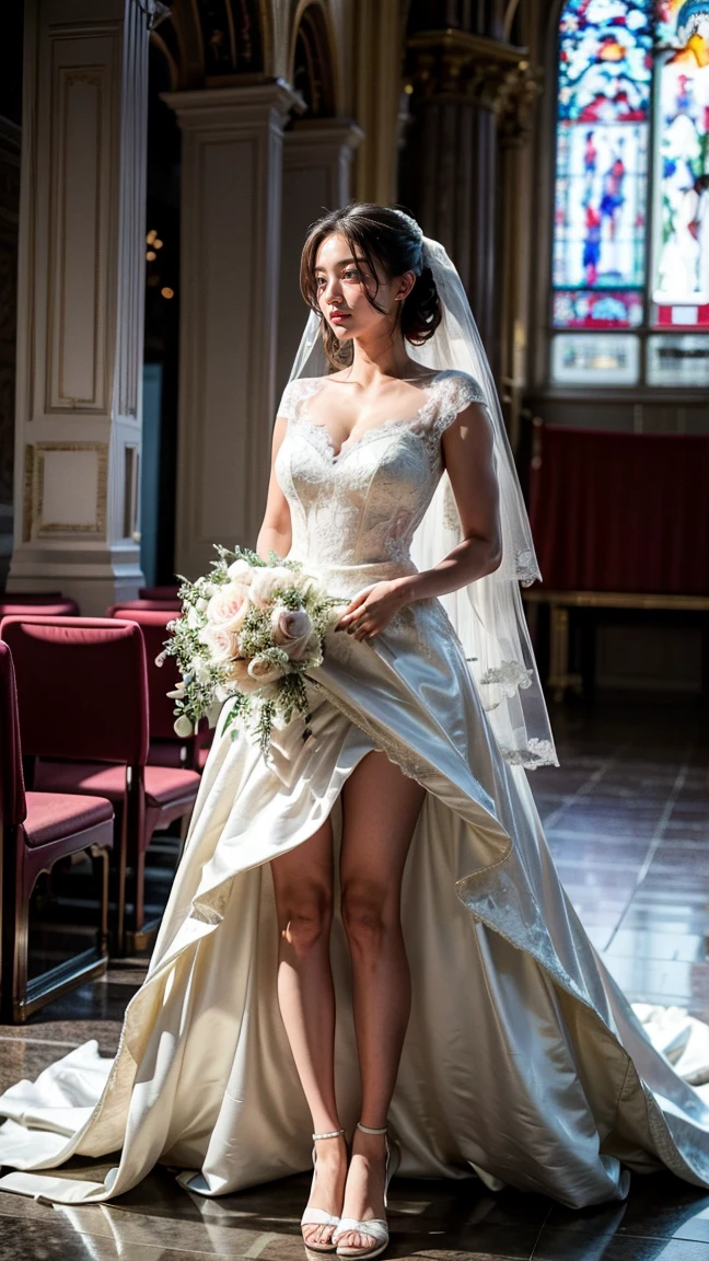 A beautiful young Japanese woman, 26 years old, with healthy thighs, beautiful legs, flawless skin, random hair color and style, large breasts, wearing a (wedding dress:1.3), (she is standing:1.2), full body shot, high heels, holding a bouquet in her hands, in a church setting, (best quality,8k, masterpiece:1.3), (extremely detailed:1.2), perfect anatomy, jihyotwicelora