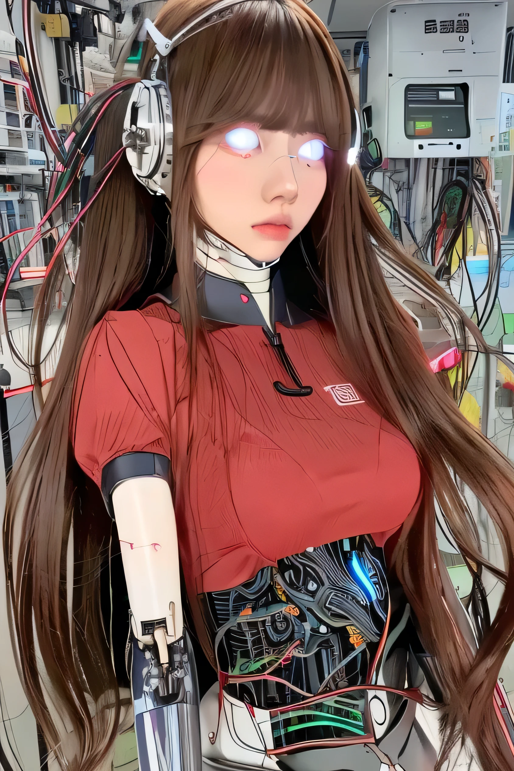 (masterpiece: 1.4), (8k, realist, raw photo, The best quality: 1.4), expressive eyes, perfect face, high resolution, 1 girl, Alone, (Punishment:1.4) ,(D.and (Hana Song) Hana Song :1.4), broad, for the chestnut, (headphones:1.4) ,(Latex pilot suit:1.4), mustache marks, shoulder pads, blue Monkey, ribbed bodysuit, animal footprint, clothing writing, long sleeves, white gloves, smiling, standing, tiro de andquero, looking at the viewer, score_9, score_8_above, score_7_above, score_6_above, Classification_explicit, 1 girl, ((18 years:1.2)), adult, full lips, big light eyes, light blue eyes, ((by rubio:1)), (long wavy hair: 1.2),(Hana Song:1.4), (D.and (Hana Song) Hana Song V2.1), (background laboratory robotics chemistry industrial :1.4) 