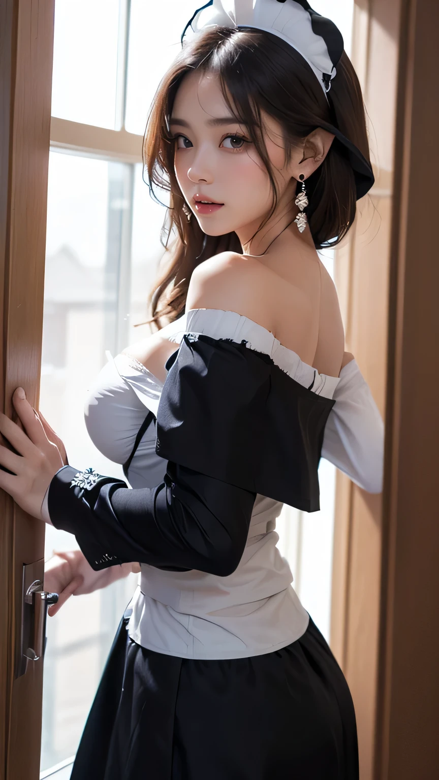 One Girl, apron, Black dress, blush, Braiding, dress, Eyebrows visible through hair, Big Breasts, valley, The chest is exposed, Beautiful nipples, Frills, gloves, Hair between the eyes, jewelry, Juliet Sleeve, Long sleeve, Maid, Maid apron, Maidの頭飾り, Puffy sleeves, short hair,((She lifted her skirt to show her panties.、Tempting you)), White lace panties, Small hips, (Butt crack, Bare waist, Bare back:1.3),Stick your butt out high,window, Huge 、Nogizaka Idol、Korean Idols、Burning idol pose、actress、Age 25、expensive、Cafe、restaurant, Official Art,Highly detailed CG Unity 8k wallpaper, (masterpiece:1.0),(highest quality:1.0), photo shoot, 8k, Browsing Caution, High resolution, Kodak Portrait 400, Film Grain, Lens flare brilliance,View Audience