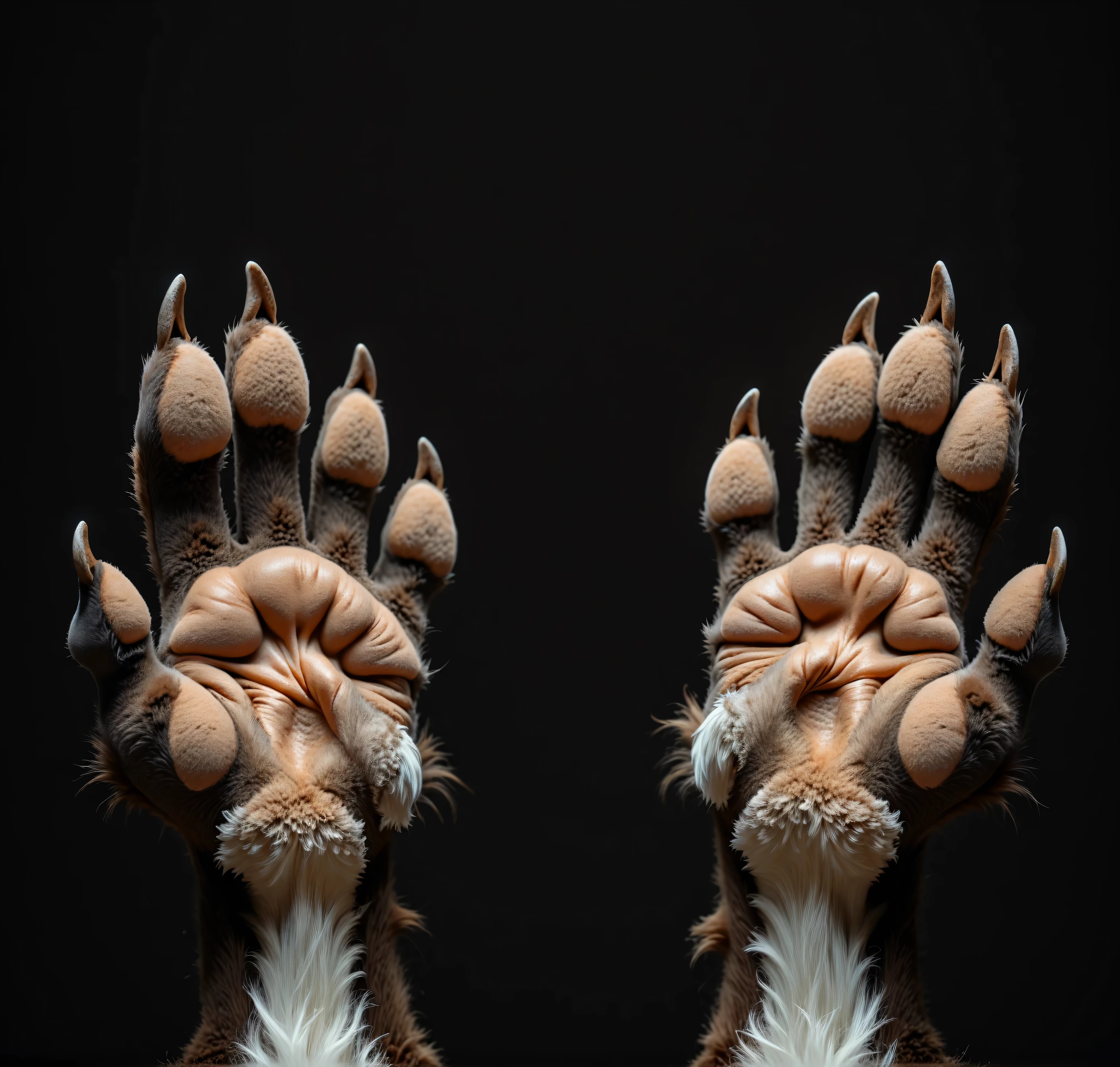 detailed grey Pawpads:1.2, pads, veins, forefeet:1.3, tight, werewolf paws, animal thumbs, wolf paws:1.1, brown fur spread, short fingers, detailed fur, fluffy, long white claws AND grey claws, extra detailed, extreme details, deep details, masterpiece, simple black background