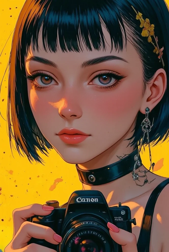 Beautiful nails、 pink nails、Shiny nails 、focus on her eye,very closed up her face,boyish girl with short hair, black hair, detail eyes, nose, lips and, Plain clothing,Half of a woman's face while holding a camera , camera( top quality ,4K,8k, high resolution,masterpiece:1.2), ultra detail,high resolution, Studio Lighting , very detailed face and body , Portrait, ultra aesthetic scenery, anime background, ultra quality composition, beautiful nature,cinematic lighting ,Dramatic lighting,Warm tones,Dramatic Colors,illustration, Dark colors, stylish anime , 