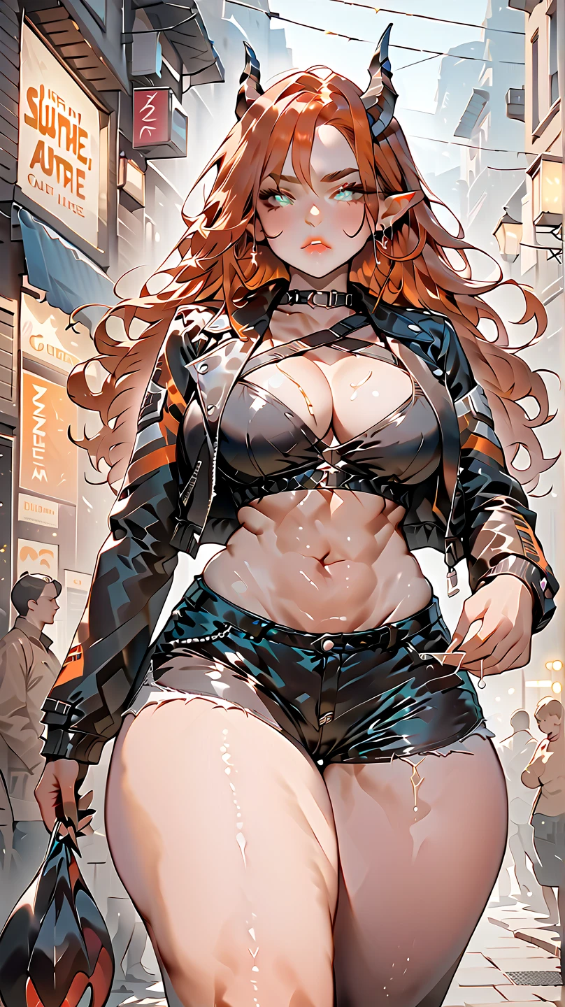 woman, curly red hair in pig tails, green eyes, black eyeshadow, wearing crop top black shirt, long black jacket, black hot pants, black knee high boots, black fingerless gloves, exposed shoulders, large breasts, freckles, abs, cleavage, looking at viewer, masterpiece, best quality, Holo-Punk Style, in the city, make up, eyelashes, fish net undershirt, fish net stockings