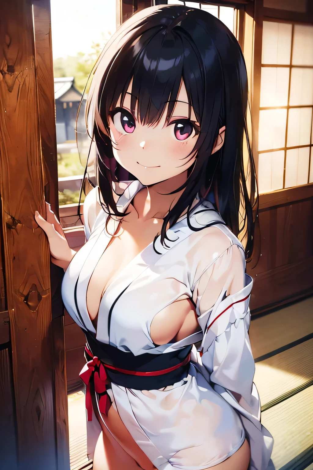 (extremely high quality artwork), (extremely detailed CG 8k), (masterpiece) ,(extremely cute girl), short, (innocent face), ((innocent smile)), shiny hair, (slim body), (small breasts), ((finely detailed beautiful eyes)), (eyes with brightness), look at viewer, ((nsfw)), ((japanese kimonos)), no bra, ((side boob)), (((lower body is completely naked))), (((no panties))), beautiful skin, pale skin, shiny skin, (bright color), vibrant colors, natural light, (glare), 