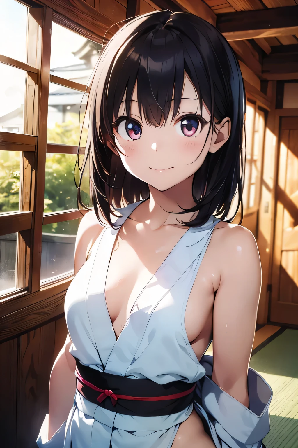 (extremely high quality artwork), (extremely detailed CG 8k), (masterpiece) ,(extremely cute girl), short, (innocent face), ((innocent smile)), shiny hair, (slim body), (small breasts), ((finely detailed beautiful eyes)), (eyes with brightness), look at viewer, ((nsfw)), ((japanese kimonos)), no bra, ((side boob)), (((lower body is completely naked))), (((no panties))), beautiful skin, pale skin, shiny skin, (bright color), vibrant colors, natural light, (glare), 