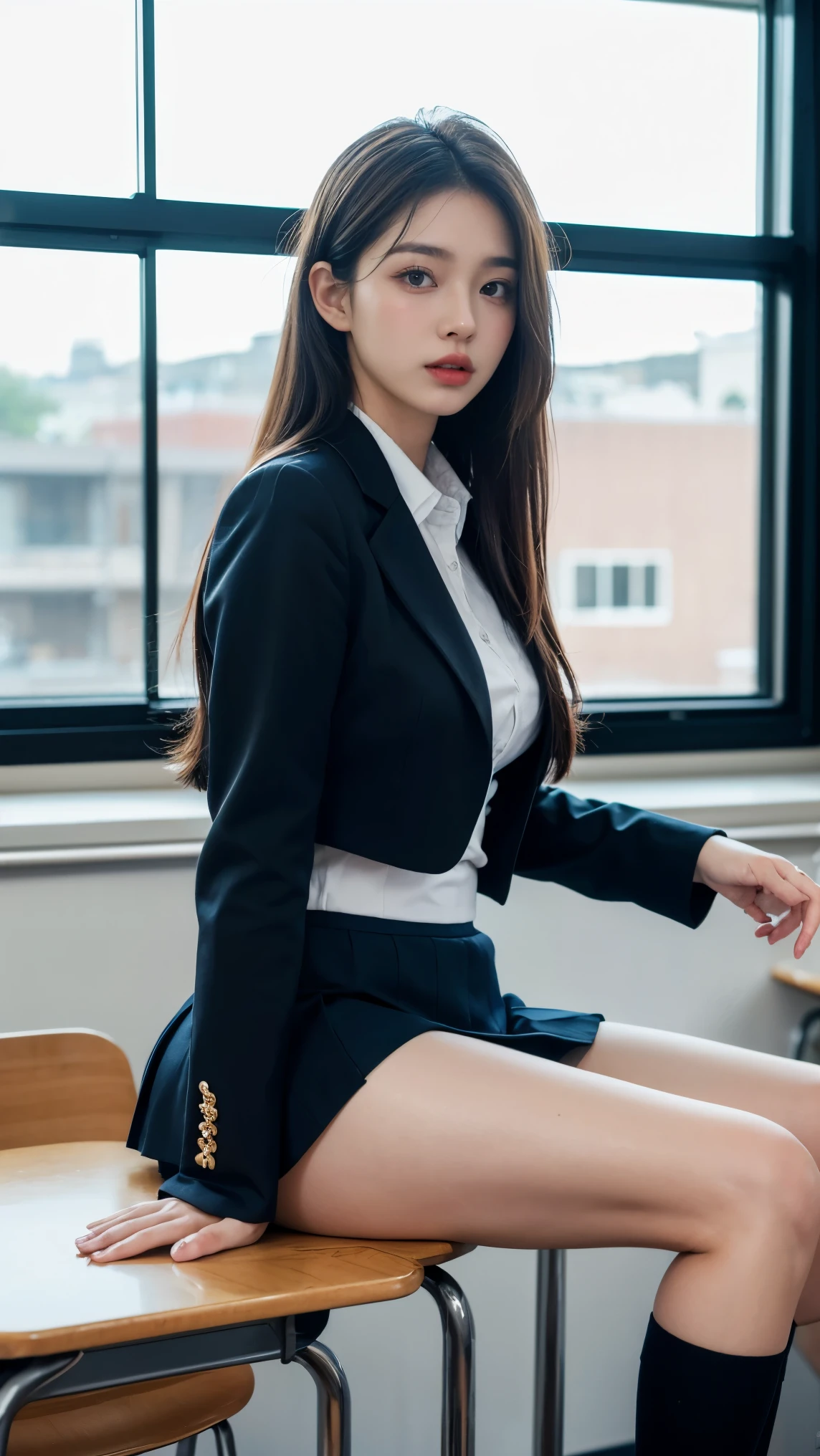 On the table, Best quality at best, realisticlying, ultra - detailed, finely detailled, A high resolution, 8k wallpaper, 1 Beautiful woman,, light brown messy hair,office lady uniform, black lence stockings,tack sharp focus, Perfect dynamic composition, 美丽细致的眼睛, Delicate hair, Detailed and realistic skin texture, Full body photo,Model body type