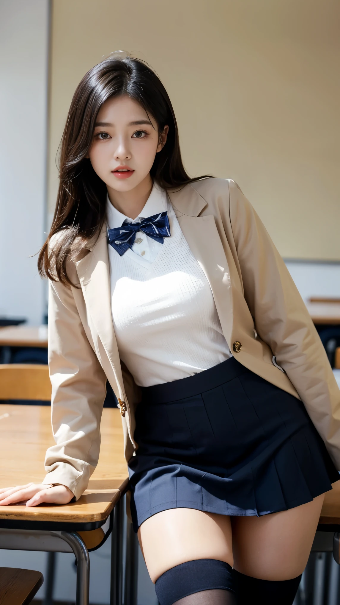 ulzzang-6500-v1.1, (raw photo:1.2), (photorealistic:1.4), beautiful detailed girl, very detailed eyes and face, beautiful detailed eyes, ridiculous, incredibly ridiculous, huge file size, super detailed, high resolution, very detailed, best quality, masterpiece, kemomimi, ((Japanese girls' high school uniform)), illustration, very detailed, CG, unified, 8k wallpaper, amazing, Fine details, masterpiece, best quality, very detailed CG uniform 8k wallpaper, light on face, cinematic lighting, 1girl, 16 years old, ((no panties)), ((dynamic pose))), (camel toe), (half), (pantyhose), (knee-bending leg sitting))