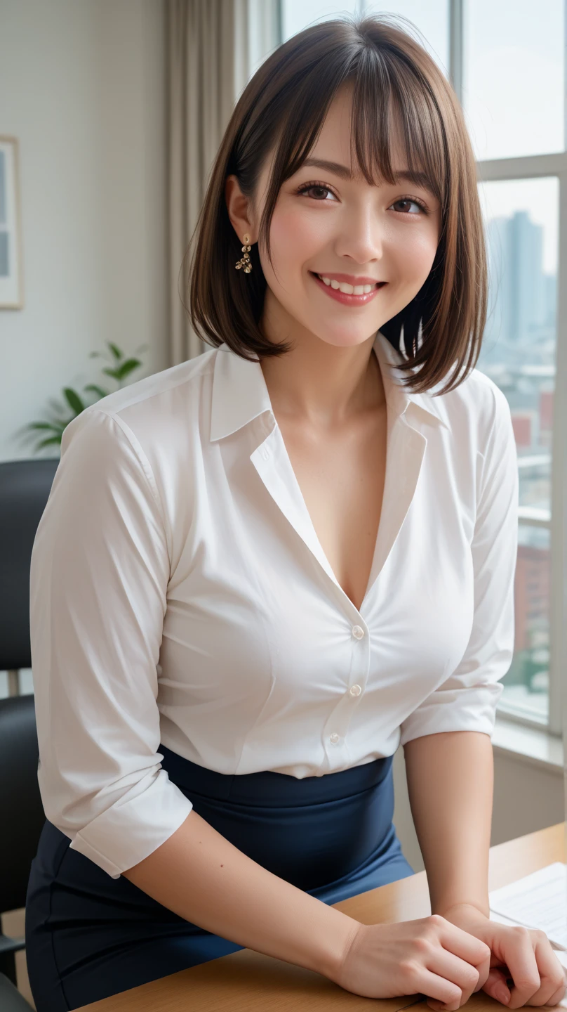 (masutepiece: 1.3), (max resolution: 1.2), (Ultra HDTV: 1.2), cinematric light, Ultra HDTV, (Detailed eyes and skin), (detailed facial features), nffsw, 8K resolution, Chest Sharp Focus: 1.2, Perfect Style, Beautiful face, acurate, Anatomically correct, Highly detailed face and skin texture, Detailed eyes, Dark-blue eyes, Double eyelids, Thin eyebrows, Glitter Eyeliner: 1.2, Natural cheeks, Glossy skin, Fair skin: 1.2, shiny little necklace and earrings, (Glossy lips: 1.4), BREAK, absurderes, One-person viewpoint, (she is high school Teacher), (Wearing a Button up shirt, formal jackets, pencil skirts, high-heels), (Seductive smile: 1.2), (Staring at the viewer), ((a Innocent and cute girl:1.3)), (Layered hairstyle, Wavy Hair), (light brown hair:1.2), Medium Long Hair, (Full body shot: 1.2), Focus on Face, ((Very intimate relationships: 1.2)), Large breasts, ((Lying on the floor:1.2)), ((In An empty library、Unbutton your shirt)), (From directly above:1.2),