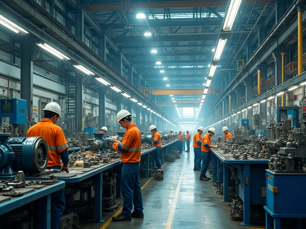 A hydraulic pump factory with employees working 