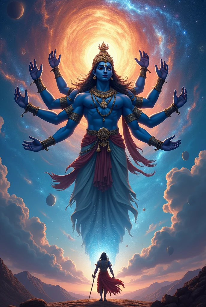 The Vision of Vishwarupa: Visualize Krishna revealing his cosmic form (Vishwarupa) to Arjuna, showcasing a vast, divine, multi-faced and multi-armed form encompassing the entire universe., add infinite head of god and add aesthetic atmosphere