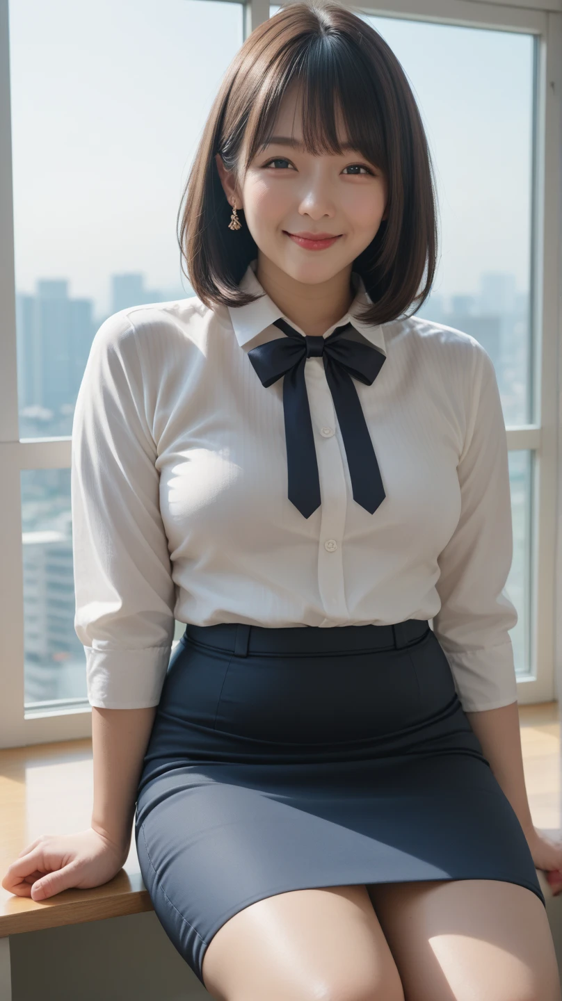 Classroom Background、pubic hair、Large Breasts、Thighs、Red lipstick、(((Glaring)))、Curly Hair、Disheveled Hair、Cute woman、high school girl、White shirt、Navy frill mini skirt、Open chest shirt、tie、smile、A shirt with underwear showing through、